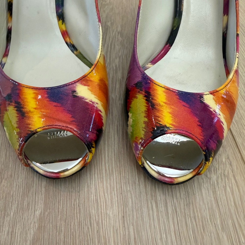 RARE Stuart Weitzman Multi-Color Ikat Patent Leather Peep Toe Wedge Sandals 8M - Picture 3 of 9